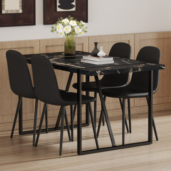 1a9917792b2440aeb286b40d5abf34df_072425eb857c7c668afa172c6a9b7cd8 Table and chair set.Modern Black Marble Pattern MDF Dining Set - 55"x31.4" with 4 Cat Claw PU Chairs.Modern Mid-Century Style Upholstered Side Chairs,Spoon Shaped Chairs.Four Chairs per Box.