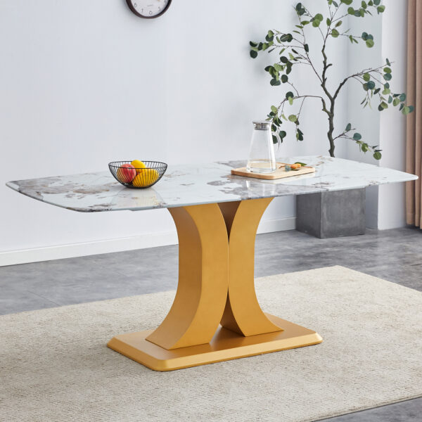 1aa313b96fb647f4a56f0513dd5197a9_96cbb0e7cf9f2bc2014d988197e662e1 A modern minimalist dining table. Imitation marbled glass tabletop. Gold MDF table legs for kitchen and living room