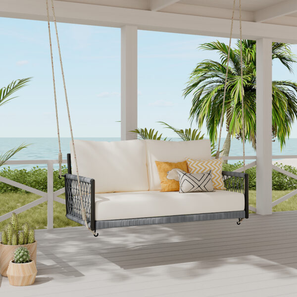TREXM 1-Piece Woven Rope Outdoor Swing Sofa with Soft Cushions Seating 2 for Patio, Courtyard and Balcony (Beige)