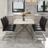 Table and chair set.Modern Luxurious white Marble-Patterned Tempered Glass Dining Table with 6 Chairs.Single fork silver metal table legs.Black high-quality PU dining chairs with silver metal legs.