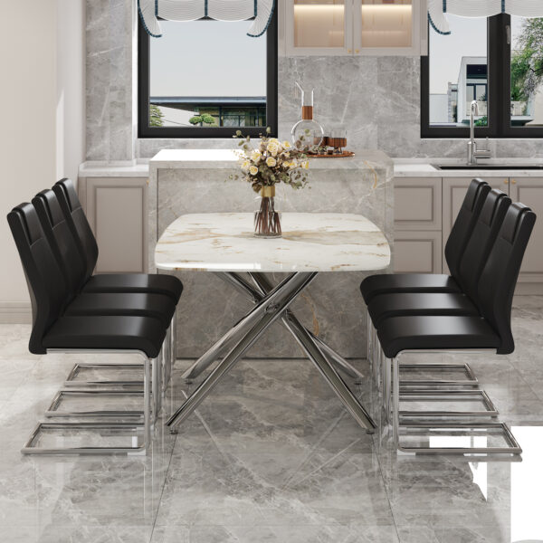 1ac87259f5b84016ac2e737887b9dcdf_940f1aa352bf81b68511ed780a785f5b Table and chair set.Modern Luxurious white Marble-Patterned Tempered Glass Dining Table with 6 Chairs.Single fork silver metal table legs.Black high-quality PU dining chairs with silver metal legs.