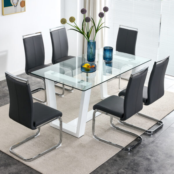 Glass Dining Table Large Modern Minimalist Rectangular for 6-8 with 0.4" Tempered Glass Tabletop and white MDF Trapezoid Bracket,For Kitchen Dining Living Meeting Room Banquet Hall F-1550