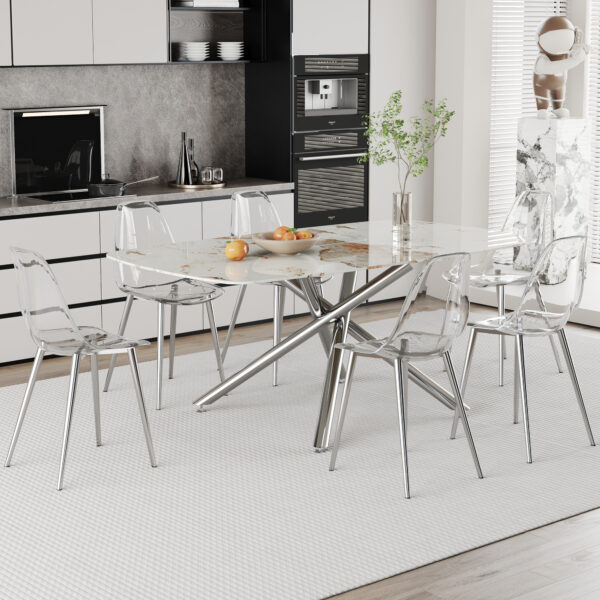 1b0005948e7841738769b6c069a268d0_154e1c238308ea533a7e3fe628e7cb7f Table and chair set.Modern Luxurious white Marble-Patterned Tempered Glass Dining Table with 6 Transparent Plastic Chairs with silver legs.Single fork silver metal table legs.