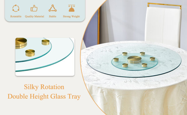 1b1ab69ed4bd42dba3c540f2ccd220e5_781b60e54a26759da5552877a49bd387 Double layer rotatable round glass.The rotatable design makes it more convenient to retrieve and place items.The upper glass has a diameter of 30.3 inches, while the lower glass15 inches.