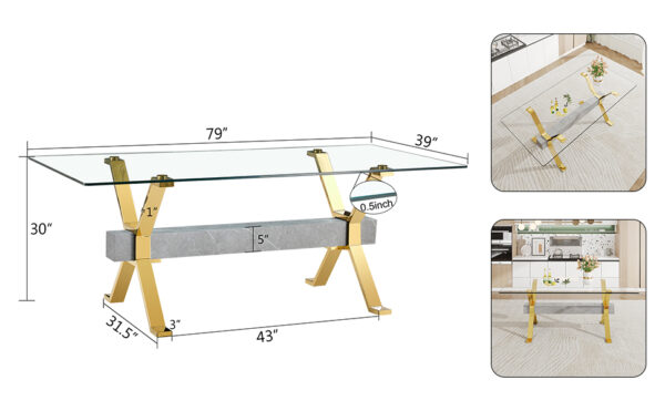 1b27ccaf8bd14ecc9b828b282d079d21_20230907_72b51db57efe39d0669ca12ef8239464 Dining table. Modern tempered glass dining table. Large modern office desk with gold plated metal legs and MDF crossbars, suitable for both home and office use. Kitchen. 79 ''x39''x30 '' 1105