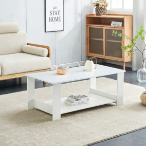 A modern and practical white coffee table and coffee table. The double layered coffee table is made of MDF material,. Suitable for living room, bedroom, and study.43.3"*21.6"*16.5" CT-16