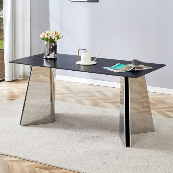 1b574dba8bf14d91b3e4457e8ab6ba69_afbdb861a53278b2703c071e386dded3 63"x31.5x30" Black Marble-Patterned Slab Dining Table with Stainless Steel Butterfly Legs.The tabletop is designed to be scratch and heat resistant.Slabs Tabletop,Stainless Steels Legs.