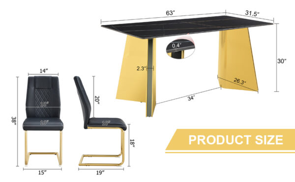 1b7378bcd40e4852a1281f9d5cb70aef_6af4c6a56e32f4667b18e007c822eeb6 Table and chair set.63"x31.5x30"Black Texture With Lines Patterned Sintered Stone Table with Golden Stainless Steel Butterfly Legs.Paried With 6 Black High-quality PU Chairs With Golden Metal Legs.