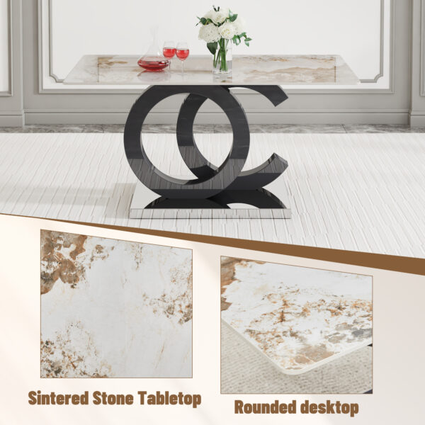 1b7e8e30b10e48428045fe5fa183068e_fcc3f496e5f54384a6b7599a0dc9a9f1 Table and chair set.63*31.5 Inch Pandora Pattern Sintered Stone Dining Table Set,MDF material OC shaped bracket,Paired With 2 Benches,A Choice of Subtle Luxury for Modern Homes.