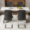 Table and chair set.63"x31.5x30" Luxurious Snow Mountain Patterned Sintered Stone Table with Silver Stainless Steel Butterfly Legs.Paried With 6 Black High-quality PU Chairs With Arched Metal Legs.