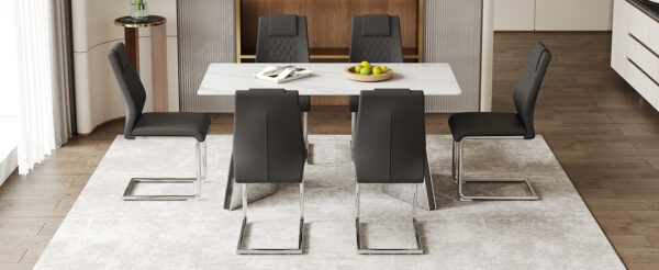 1b85eb2efaad4ed182135a11b9356be8_9675fb5311aea73e7f11fe23cfc79c5e Table and chair set.63"x31.5x30" Luxurious Snow Mountain Patterned Sintered Stone Table with Silver Stainless Steel Butterfly Legs.Paried With 6 Black High-quality PU Chairs With Arched Metal Legs.