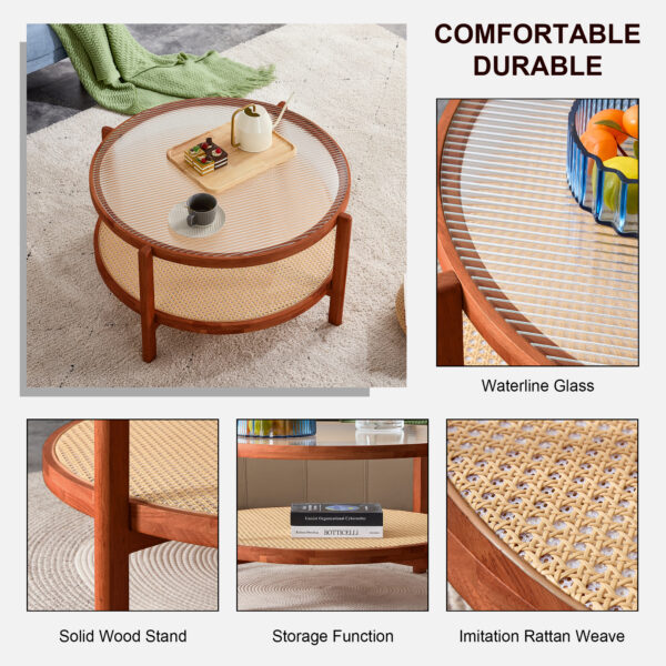 Modern minimalist circular double-layer solid wood coffee table, craft glass tabletop, second layer material: PE rattan, solid wood frame. 34.6 '* 34.6' * 17.7''