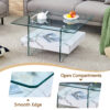31.4 Inch Modern Two-Tier Square Coffee Table - An Elegant Combination of Clear Glass and White Marble Pattern Sticker.It can be used as a coffee table,a side table or a display stand.