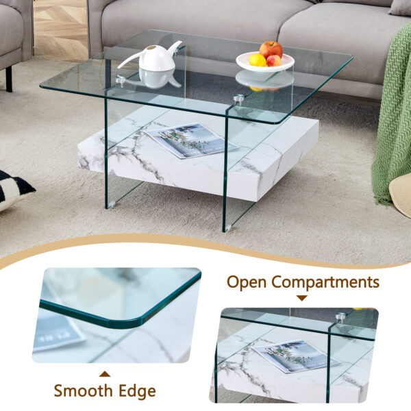 1bb73e417d814203b52988f04b9babc8_9c71b6b4d357e12da666c1bd26aba1e1 31.4 Inch Modern Two-Tier Square Coffee Table - An Elegant Combination of Clear Glass and White Marble Pattern Sticker.It can be used as a coffee table,a side table or a display stand.