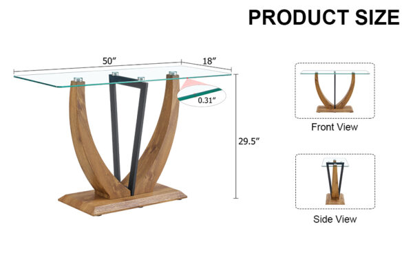 1bba89ad09f143019d89f96642fa85c3_6c10440953bda29f32df45e75a9c5e4b Modern minimalist rectangular glass table with 0.39 "tempered glass top and MDF wood grain sticker legs, suitable for entrance and living room.