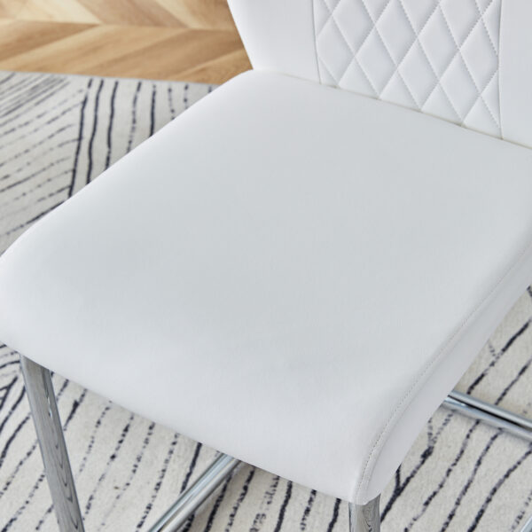 1bbe914ed2ca483693f1228dd3b37860_f9100916688058dfb04319a0658c5197 Table and chair set.55"x31.4" Cream-Style White MDF Dining Table Set with 6 White Chairs With Silver Metal Legs.MDF Tabletop and metal frame legs.Adding a warm and gentle atmosphere to your family.