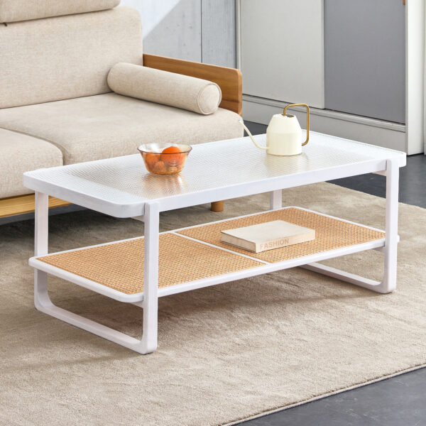 1bce413717be43498dea7caef1131f7f_20240123_ce6f8200658189113cfed4e26a22b1f2 Modern minimalist white double layered solid wood coffee table. Glass tabletop, imitation rattan edge table. Rectangular table suitable for living room, dining room, and bedroom