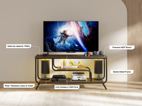 There are installation videos and scene videos. TV socket and LED light - TV stand TV up to 55 ", small unit modern TV console suitable for living room and bedroom, light grey