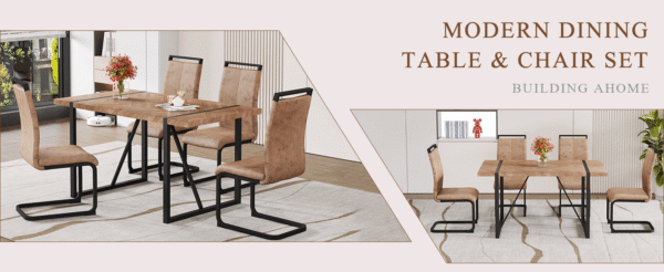 Table and chair set.A retro rectangular dining table with a wood color fishbone textured top and black metal legs.Paired With 4 Brown technology fabric chairs with Featuring arched black legs.