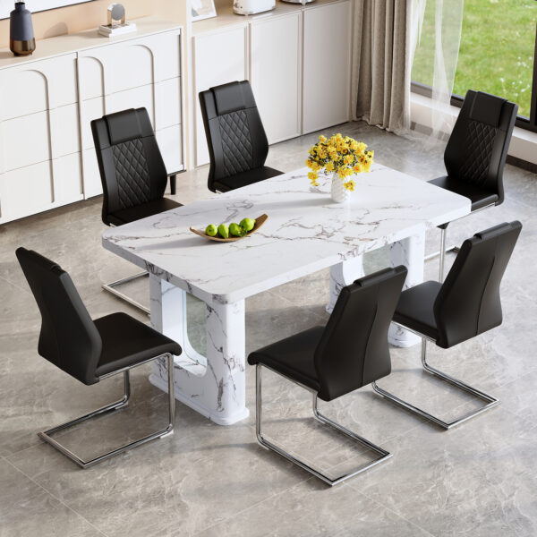 1c1c77b185f4433b81338393db40ff08_55e097a053dd4ca693575b3116b08375 Table and chair set.64.5 x 35.4 Inch Stylish White Marble Textured Dining Table,Perfectly Blending Simplicity And Transparency.Paried With 6 Black High-quality PU Chairs With Silver Arched Metal Legs.