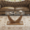 Modern minimalist transparent tempered glass coffee table with wooden MDF legs and stainless steel decorative columns. Computer desk. Game table. CT-907