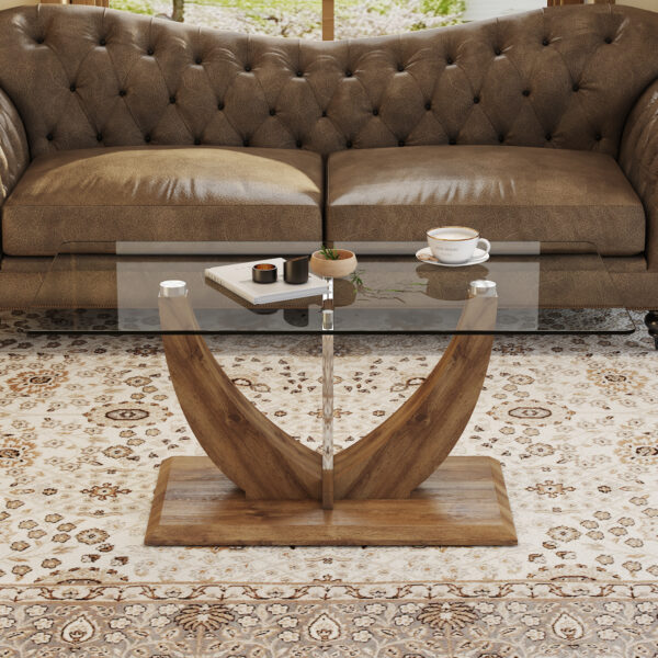1c24fcbc38c94abdb0541c2cd53301c8_20240321_058ceaf857d921ee4d0f0a4cc53d0fc0 Modern minimalist transparent tempered glass coffee table with wooden MDF legs and stainless steel decorative columns. Computer desk. Game table. CT-907