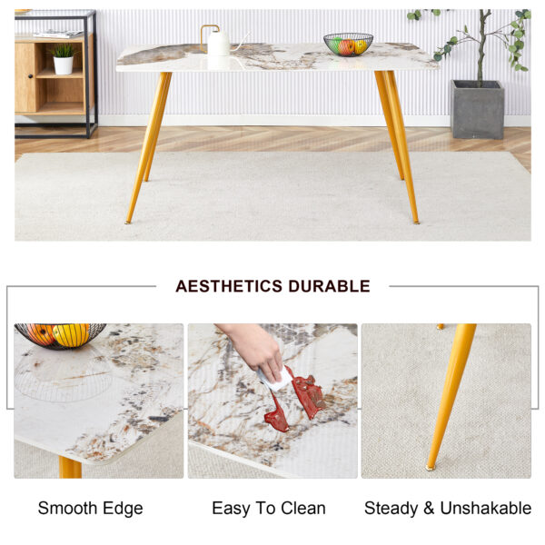 1c318dc3569543b99028397218a10fc2_66742a716ff4421f2f7e0972105e45dc Modern minimalist dining table. White imitation marble pattern SINTERED STONE desktop with golden metal legs.62.2"*34.6"*30" F-001