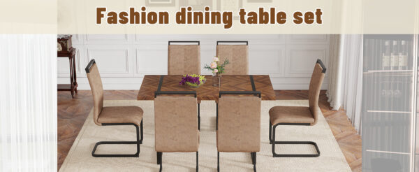 Table and chair set.A retro rectangular dining table with fishbone patterned MDF desktop and black metal legs.Paired With 6 Brown technology fabric chairs with Featuring arched black legs.
