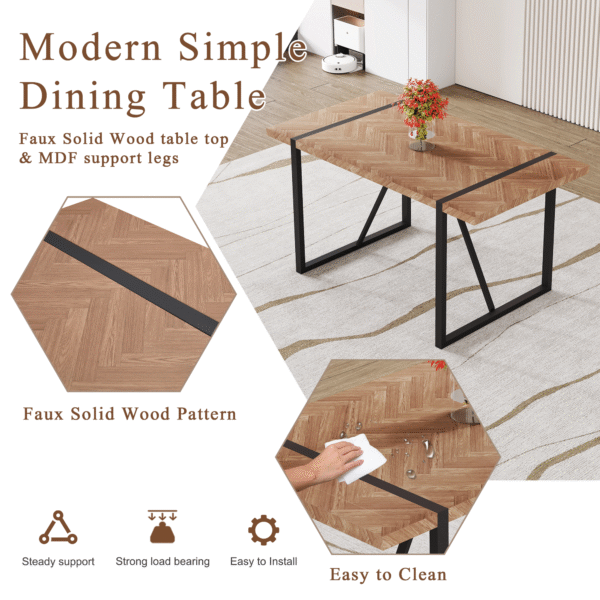 Table and chair set.A retro rectangular dining table with a wood color fishbone textured top and black metal legs.Paired With 4 Brown technology fabric chairs with Featuring arched black legs.