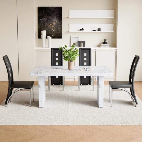 1c7db177c8914eb490918169373113ed_b286babde00298838d93849cc1e8ec5c Table and chair set.63"*35.4" White Imitation Marble Pattern MDF Dining Table Set - 4 PU Chair With Black Saddleback, Geometric Pattern Backrest,Silver Curved Metal Leg..Suitable For Various Scenes.