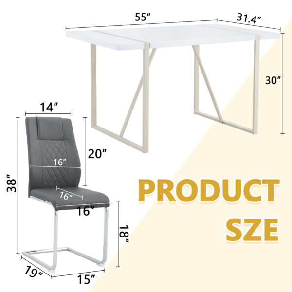 1c8f0b10ff1444349f2c1597adac1ec5_7158fcc5a9d2d10719023cf9d8f039d4 Table and chair set.55"x31.4" Cream-Style White MDF Dining Table Set with 4 Dark Gray Chairs With Silver Metal Legs.MDF Tabletop and metal frame legs.Adding a warm atmosphere to your family.