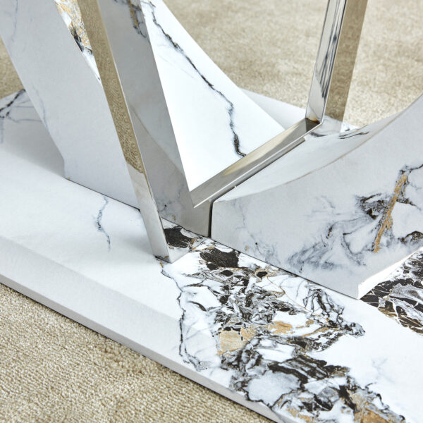 1cc7608ed2694278816dae5b9345dba0_20240206_5edf219e2b69952b053016c44561a45c Modern minimalist transparent tempered glass coffee table with marble patterned MDF legs and stainless steel decorative columns. Computer desk. Game table. CT-907