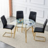 Table and chair set. Round dining table, glass tabletop with a diameter of 40 inches, and gold-plated metal legs, paired with 4 black PU cushions and a dining chair with gold-plated metal feet. DT1164