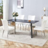 Table and chair set.63"x31.5x30" Black Marble-Patterned Slabs Tabletop with Stainless Steel Butterfly Legs.Paired with 4 white PU dining chairs with a vertical stripe design on the backrest.
