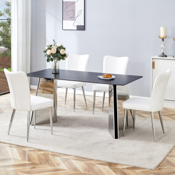 1cced208235b4aa3b9a771f85a079f03_d73a21609a7f2574ac617da5b14ff472 Table and chair set.63"x31.5x30" Black Marble-Patterned Slabs Tabletop with Stainless Steel Butterfly Legs.Paired with 4 white PU dining chairs with a vertical stripe design on the backrest.
