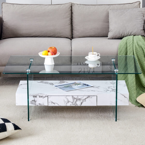 1ccf3deaae7846f794d3c88de9689847_a11768c125e36339b3dc65b665166294 43.3 Inch Modern Two-Tier Coffee Table - Clear Tempered Glass and White Marble Texture, Multifunctional Storage Design.The bottom tier includes a drawer.Can be used as a coffee table,side table,etc.