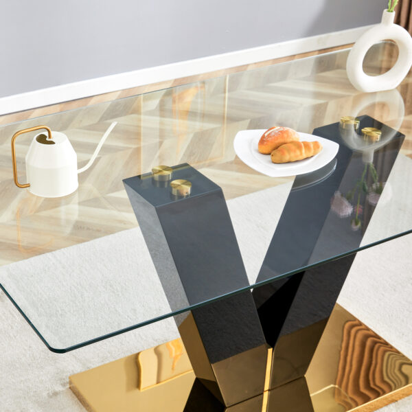Large Modern Minimalist Rectangular Glass Dining Table for 6-8 with 0.4" Tempered Glass Tabletop and MDF slab V-Shaped Bracket and metal base,For Kitchen Dining Living Meeting Room Banquet Hall F-V
