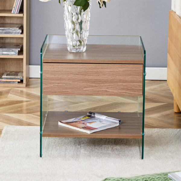 1d3184ca63a341d7b28f8c6dfcaa766f_26f9de9d8788a00173ff3d59565ce5e5 Bedside table with drawers. The board surface is MDF sticker, and both sides are transparent tempered glass. The design is simple and elegant, with excellent storage functions.
