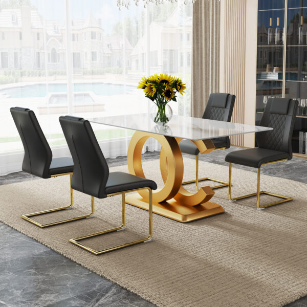 1d75612db1b2478e8c9af815799871d4_811e0b8bb26039b7d656bf6be65abd44 Table and chair set.Subtle Luxury Tempered Glass Dining Set - 63"x35.4" with 4 Black PU Chairs with golden C-tube metal leg.Arched Metal Gold Leg.White imitation marble texture sticker Tabletop.