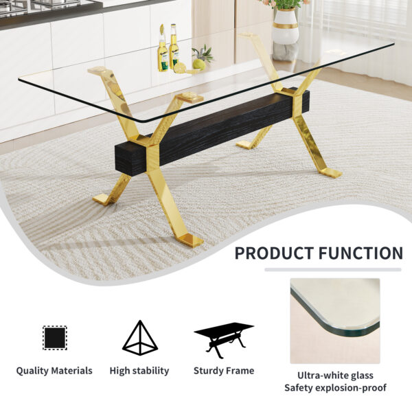 1dbf46a0e36441e9ae96dc39c8b0bb1a_20230705_cb35ebe11a65a9893f62a42516028b66 Dining table. Modern tempered glass dining table. Large modern office desk with gold plated metal legs and MDF crossbars, suitable for both home and office use. Kitchen. 79 ''x39''x30 '' 1105