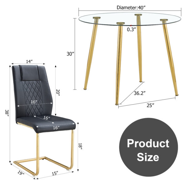 Table and chair set. Round dining table, glass tabletop with a diameter of 40 inches, and gold-plated metal legs, paired with 4 black PU cushions and a dining chair with gold-plated metal feet. DT1164