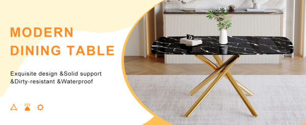 1dd82e32b17e439f9aa41e0e5496cd37_a9d2939bdbf25fa3fbb207c580e3635b 63"x35.4" Luxurious Black Marble-Patterned Tempered Glass Dining Table.Single Fork Golden Metal Table Legs.Tempered Glass Table Top,Golden Metal Leg.Make it Adaptable To Various Decoration Styles.