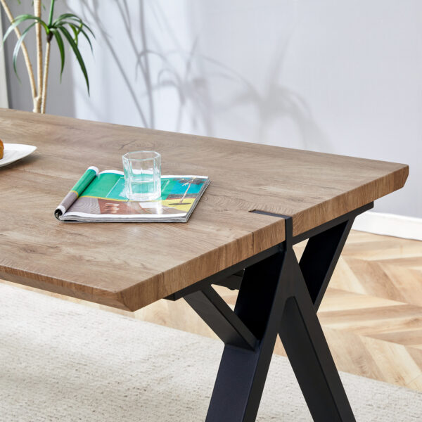 1ddf854f9528433d94d74379c0bb76bd_214a4b111f67d649746600a3e631e342 Table and chair set.63"x35.4" Wood-Textured MDF Dining Table with Black A-Frame Legs.Paired with 4 Brown Technology Fabric Round Corner Dining Chair.Density Board Sticker,Iron Pipe Spraying,