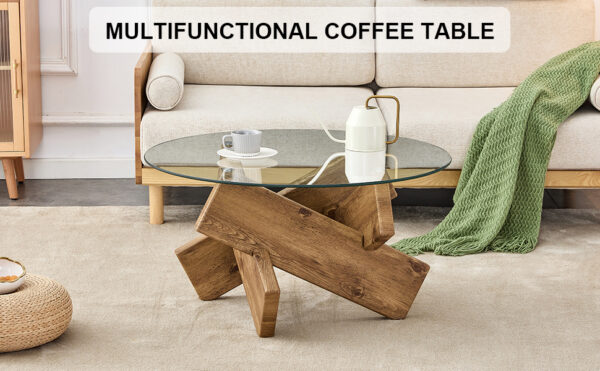 Circular glass coffee table, 33.4-inch modern and distinctive design tea table. Tempered glass countertop, wood colored MDF table legs. Suitable for living rooms and farmhouses