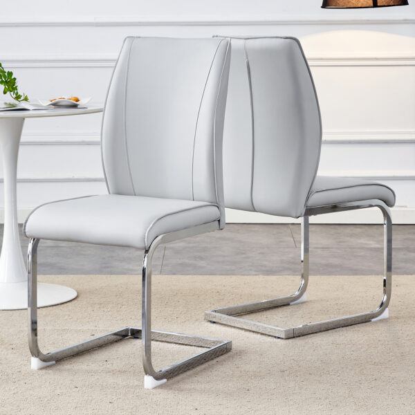 1df321afe5fd4de4bdb51b636a092c62_0ff2054021b9c903d985d2312e147b6f Luxury Simple Arch Chair - Set of 2 Light Gray PU Material High Resilience Dining Chair with Arched Metal Silver Leg.