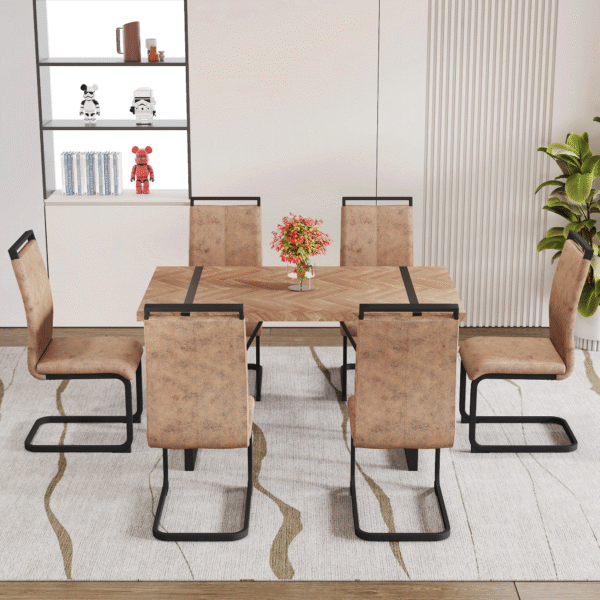 Table and chair set.A retro rectangular dining table with a wood color fishbone textured top and black metal legs.Paired With 6 Brown technology fabric chairs with Featuring arched black legs.