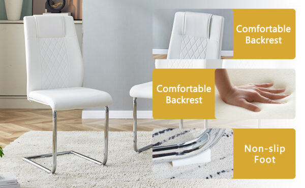 1e2eeee30e9f4b84843e536162244ecd_5b427ef1434a49e50a6cfdabb042d848 Table and chair set.55"x31.4" Cream-Style White MDF Dining Table Set with 6 White Chairs With Silver Metal Legs.MDF Tabletop and metal frame legs.Adding a warm and gentle atmosphere to your family.