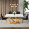 Table and chair set.Subtle Luxury Tempered Glass Dining Set - 63"x35.4" with 4 Black PU Chairs.Metal Gold Chair Leg.White imitation marble texture sticker Tabletop. OC-Shaped MDF Table Leg.