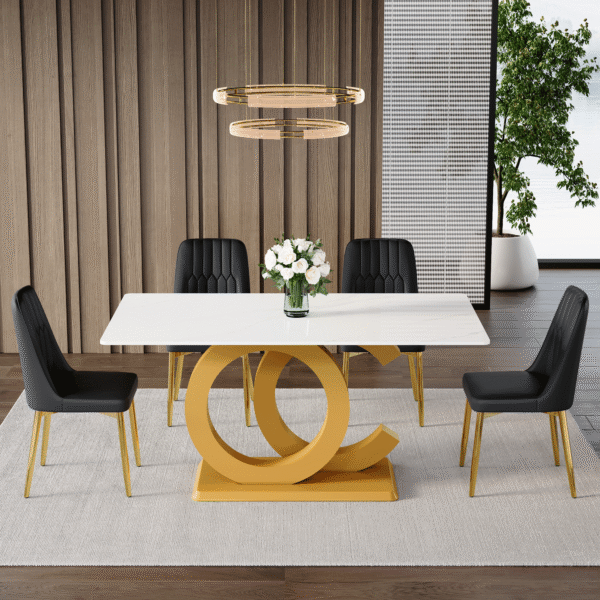1e30dec6cd424cf4bfb7fb3918cbaef1_c8a4f7b1e151428f0135f87739a09b68 Table and chair set.Subtle Luxury Tempered Glass Dining Set - 63"x35.4" with 4 Black PU Chairs.Metal Gold Chair Leg.White imitation marble texture sticker Tabletop. OC-Shaped MDF Table Leg.