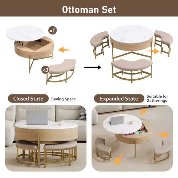 Modern Round Lift-Top Coffee Table with Storage & 3 Ottoman White & Natural